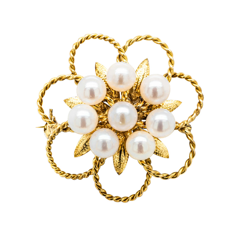 Deja Vu 11ct Yellow Gold Cultured Pearl Floral Brooch - Brooch - Walker & Hall