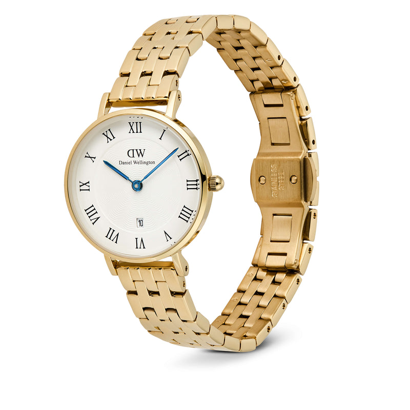Daniel Wellington Petite Roman Numerals Date 5-Link Gold Watch - Watch - Walker & Hall