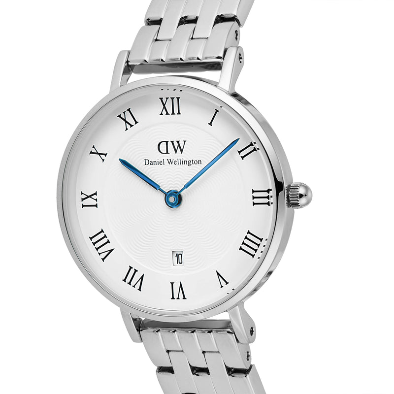 Daniel Wellington Petite Roman Numerals Date 5-Link Silver Watch - Watch - Walker & Hall