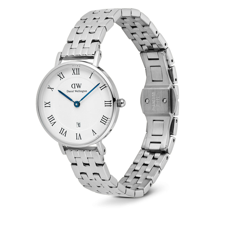 Daniel Wellington Petite Roman Numerals Date 5-Link Silver Watch - Watch - Walker & Hall