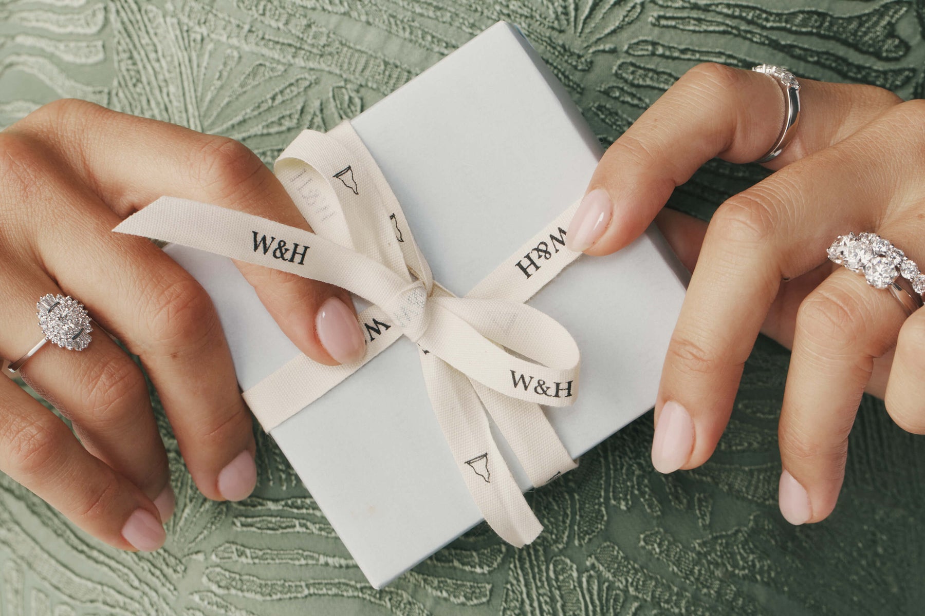 Model holding gift wrapped Walker & Hall box