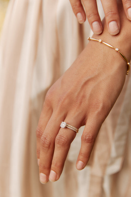 Model wearing Diamond Engagement and Wedding Rings