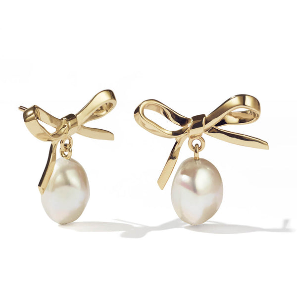 Meadowlark Bow Pearl Earrings - Gold Plated - Earrings - Walker & Hall
