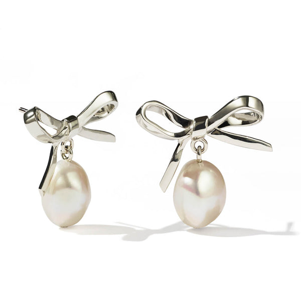 Meadowlark Bow Pearl Earrings - Sterling Silver - Earrings - Walker & Hall