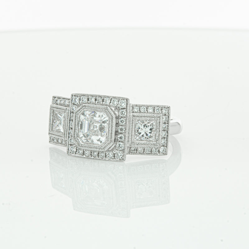 18ct White Gold Emerald Cut Diamond Halo Ring-Ring-Walker & Hall