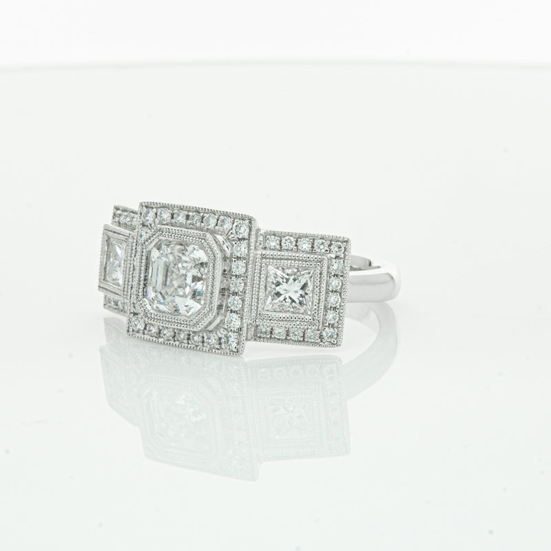 18ct White Gold Emerald Cut Diamond Halo Ring-Ring-Walker & Hall