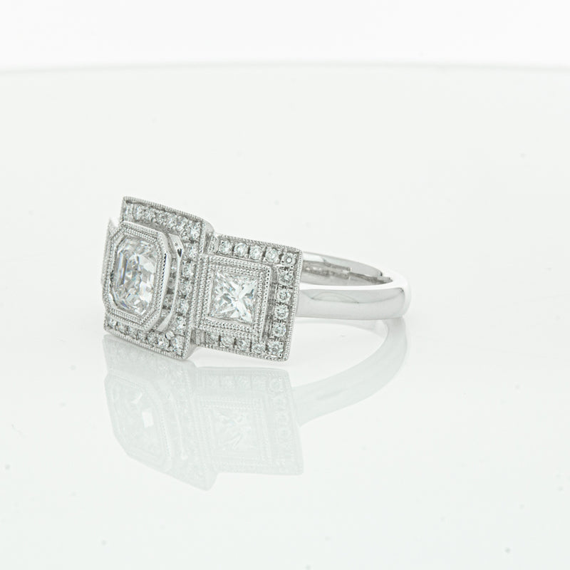18ct White Gold Emerald Cut Diamond Halo Ring-Ring-Walker & Hall
