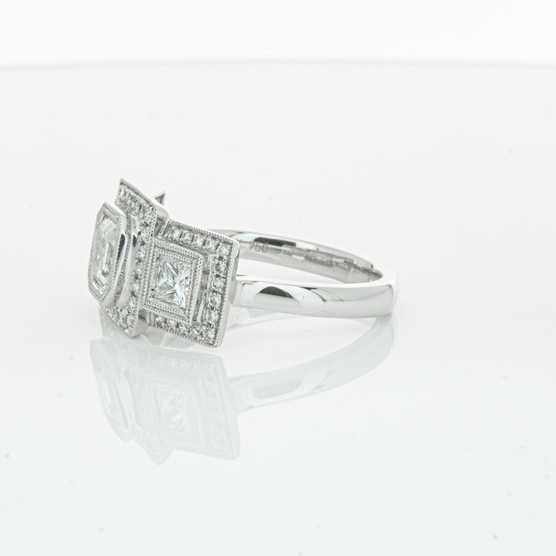 18ct White Gold Emerald Cut Diamond Halo Ring-Ring-Walker & Hall