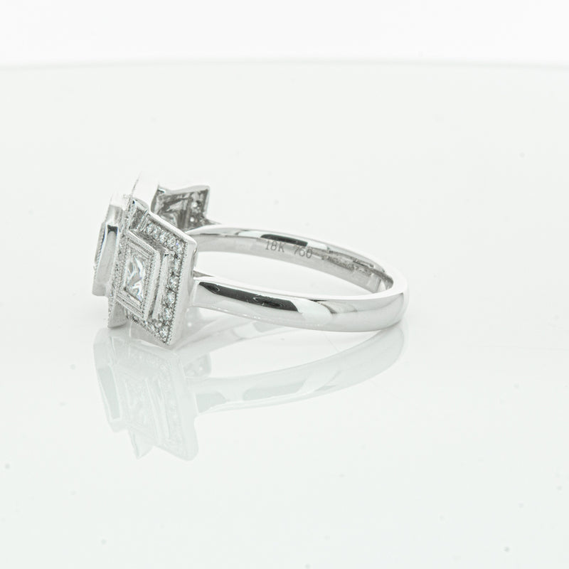 18ct White Gold Emerald Cut Diamond Halo Ring-Ring-Walker & Hall