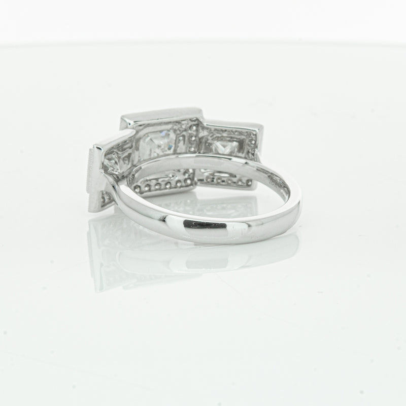 18ct White Gold Emerald Cut Diamond Halo Ring-Ring-Walker & Hall