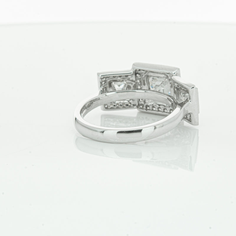 18ct White Gold Emerald Cut Diamond Halo Ring-Ring-Walker & Hall