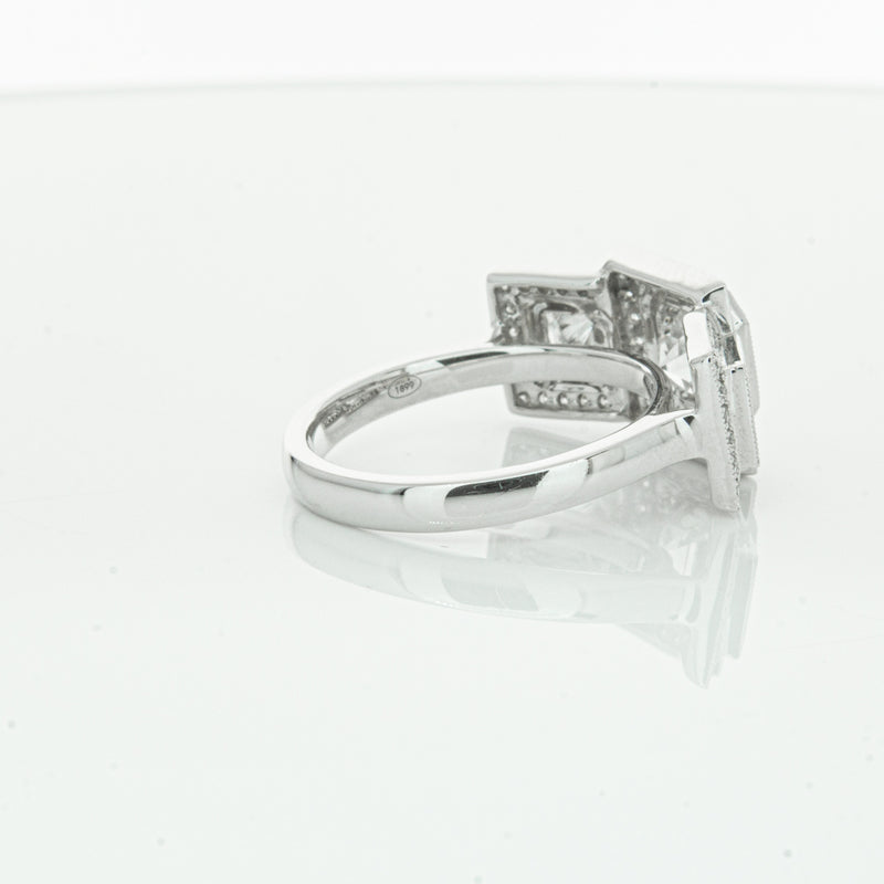 18ct White Gold Emerald Cut Diamond Halo Ring-Ring-Walker & Hall