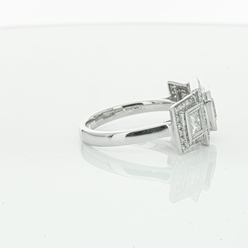 18ct White Gold Emerald Cut Diamond Halo Ring-Ring-Walker & Hall