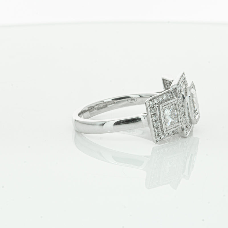 18ct White Gold Emerald Cut Diamond Halo Ring-Ring-Walker & Hall