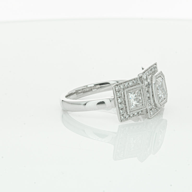 18ct White Gold Emerald Cut Diamond Halo Ring-Ring-Walker & Hall
