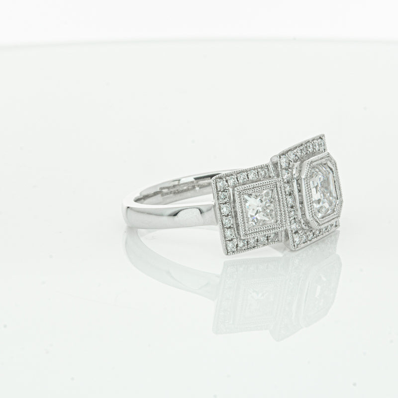 18ct White Gold Emerald Cut Diamond Halo Ring-Ring-Walker & Hall