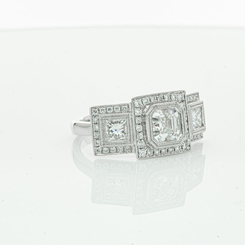 18ct White Gold Emerald Cut Diamond Halo Ring-Ring-Walker & Hall