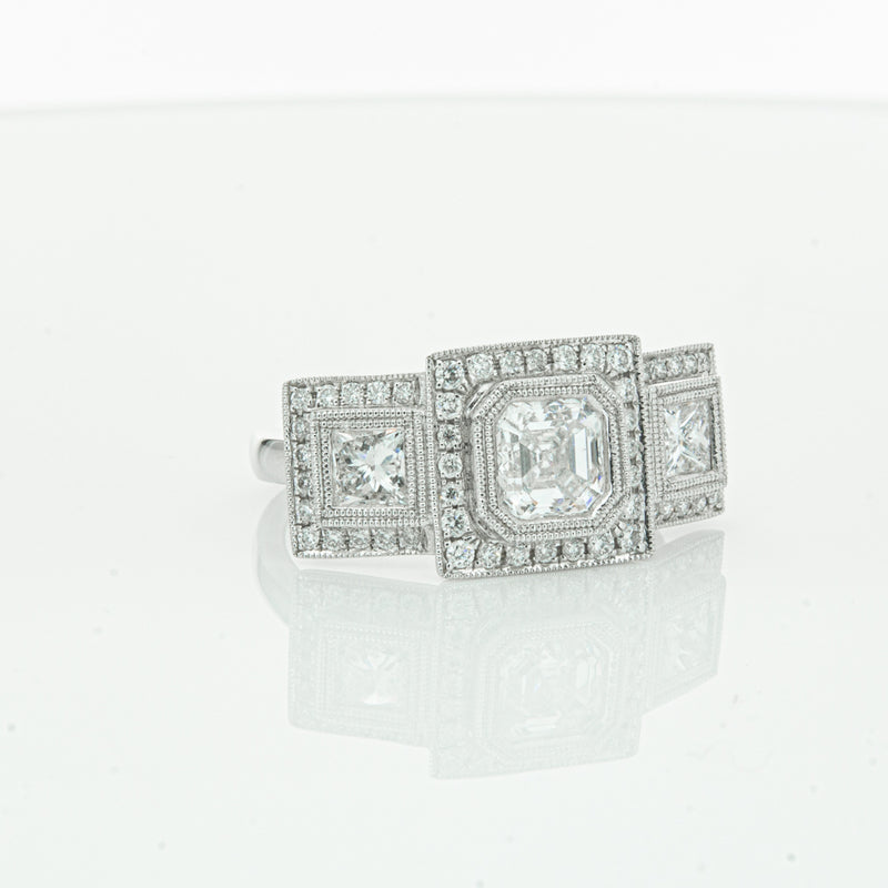 18ct White Gold Emerald Cut Diamond Halo Ring-Ring-Walker & Hall