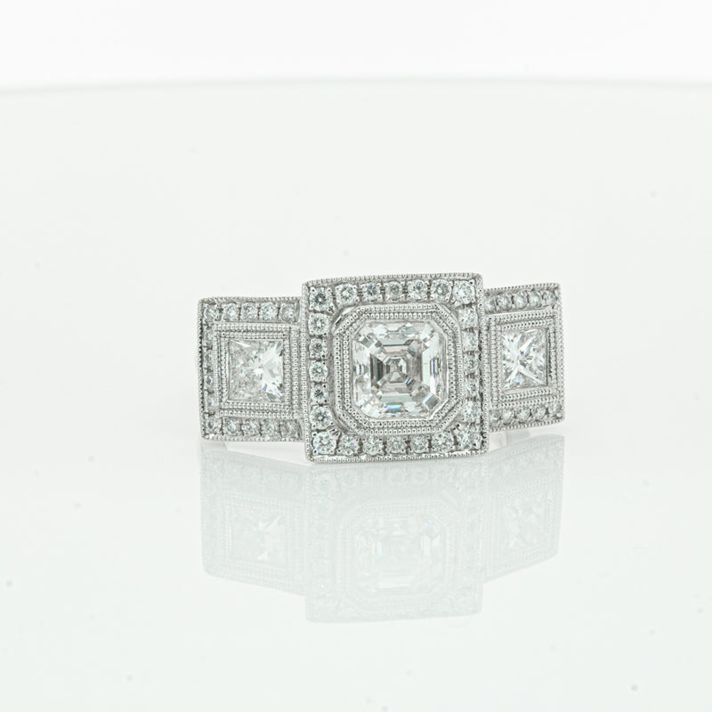 18ct White Gold Emerald Cut Diamond Halo Ring-Ring-Walker & Hall