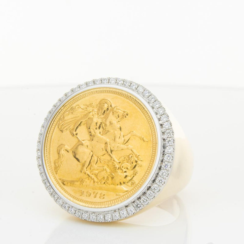 14ct Yellow Gold Diamond Halo Ring with Sovereign-Ring-Walker & Hall