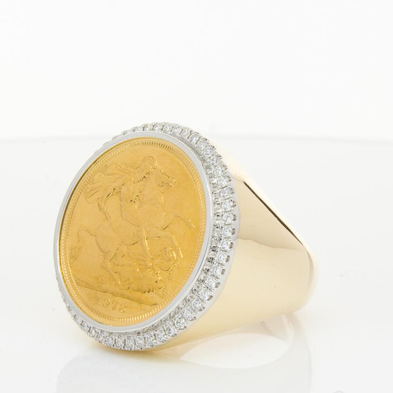 14ct Yellow Gold Diamond Halo Ring with Sovereign-Ring-Walker & Hall