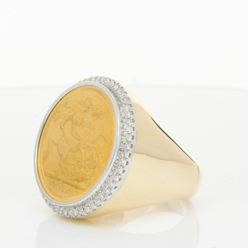 14ct Yellow Gold Diamond Halo Ring with Sovereign-Ring-Walker & Hall