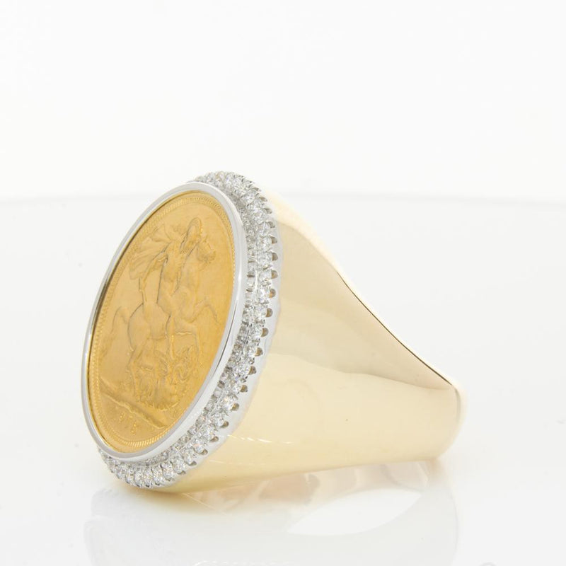 14ct Yellow Gold Diamond Halo Ring with Sovereign-Ring-Walker & Hall