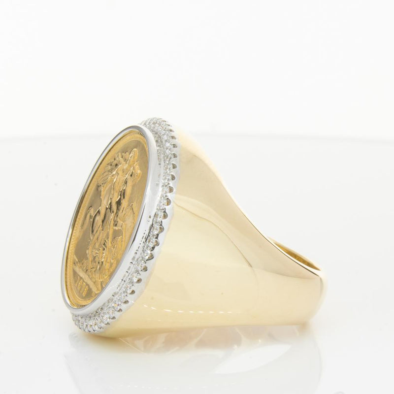 14ct Yellow Gold Diamond Halo Ring with Sovereign-Ring-Walker & Hall