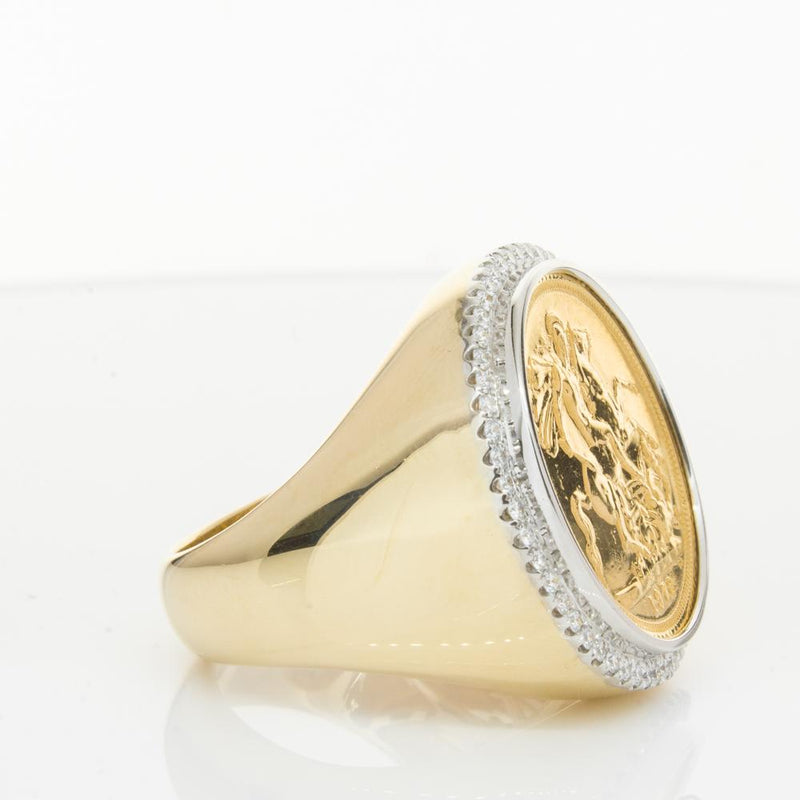 14ct Yellow Gold Diamond Halo Ring with Sovereign-Ring-Walker & Hall