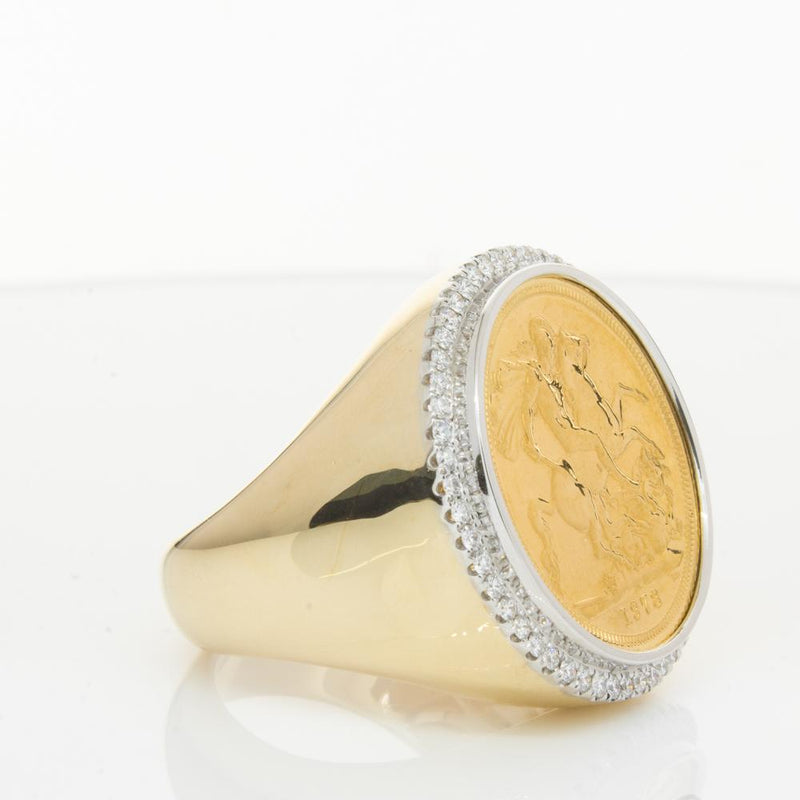 14ct Yellow Gold Diamond Halo Ring with Sovereign-Ring-Walker & Hall