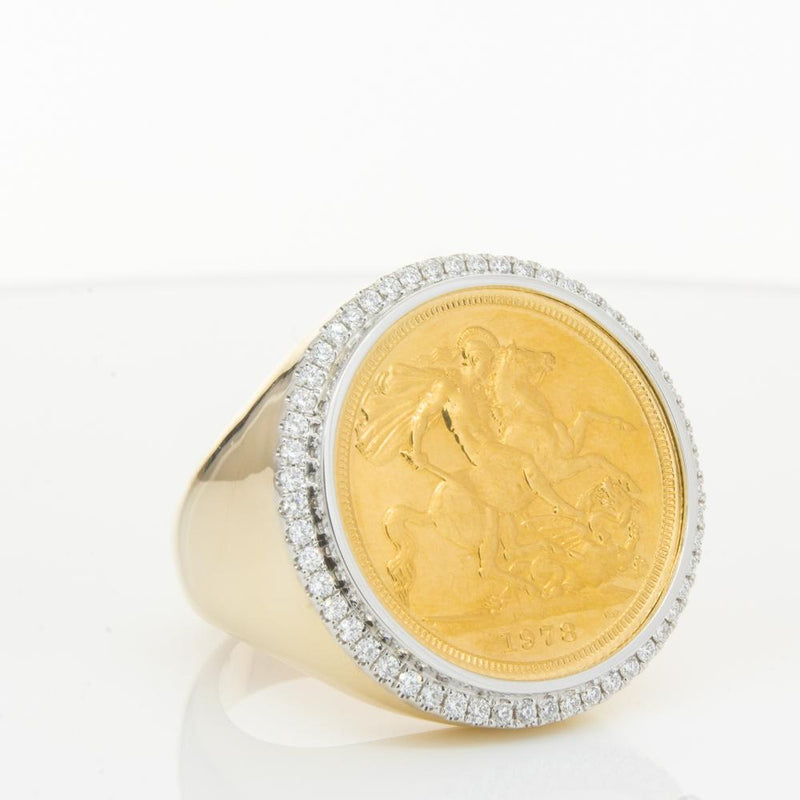 14ct Yellow Gold Diamond Halo Ring with Sovereign-Ring-Walker & Hall