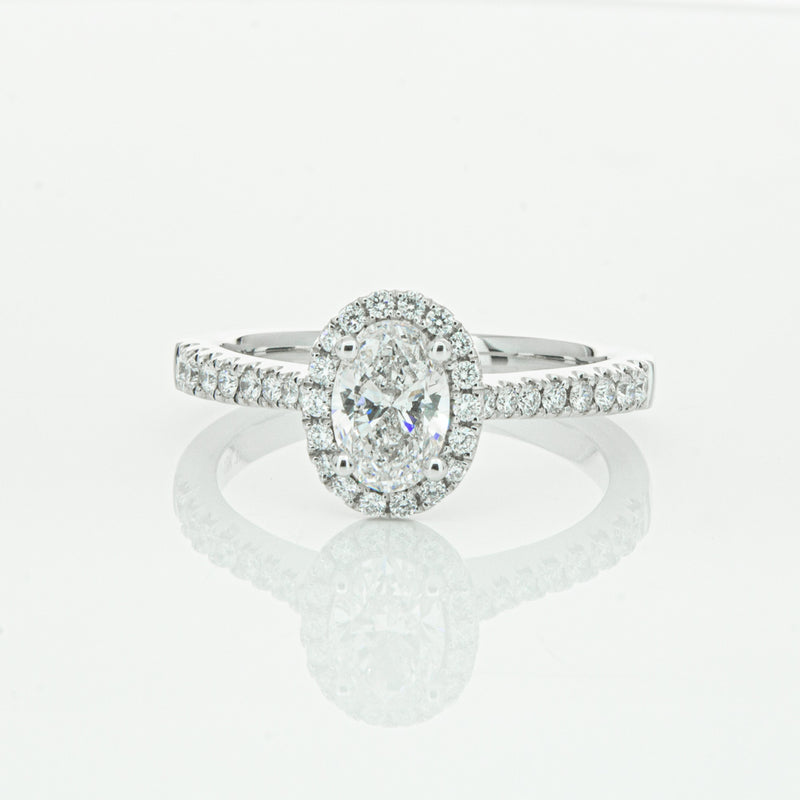 18ct White Gold Oval Cut Diamond Halo Ring-Ring-Walker & Hall
