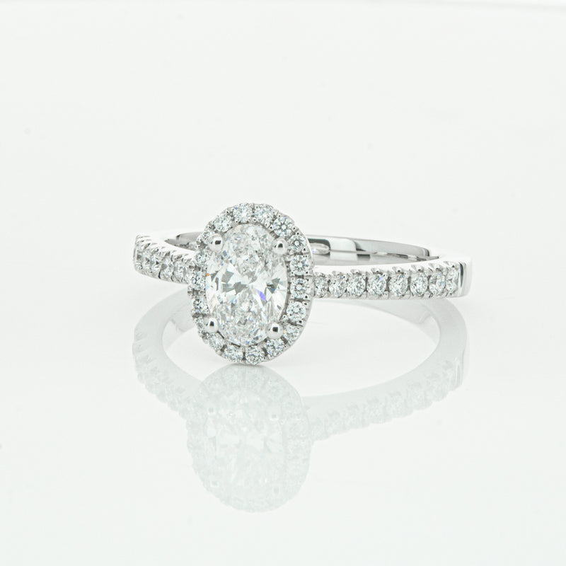 18ct White Gold Oval Cut Diamond Halo Ring-Ring-Walker & Hall