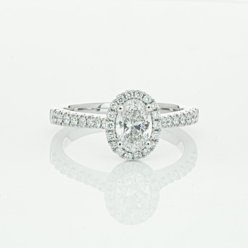 18ct White Gold Oval Cut Diamond Halo Ring-Ring-Walker & Hall