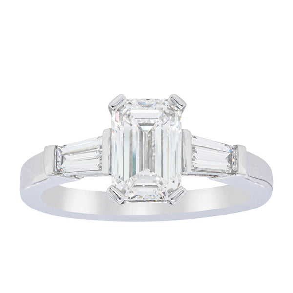 18ct White Gold 1.51ct Emerald Cut Diamond Three Stone Ring - Ring - Walker & Hall
