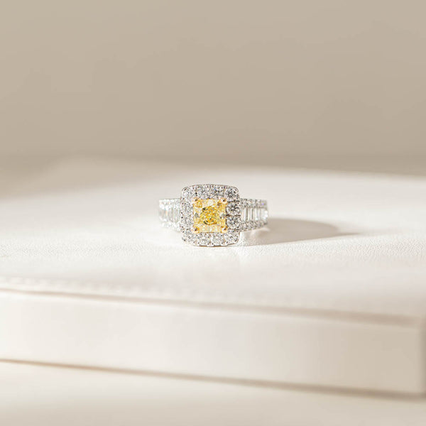 18ct White Gold 1.53ct Yellow Radiant Cut Diamond Halo Ring - Ring - Walker & Hall