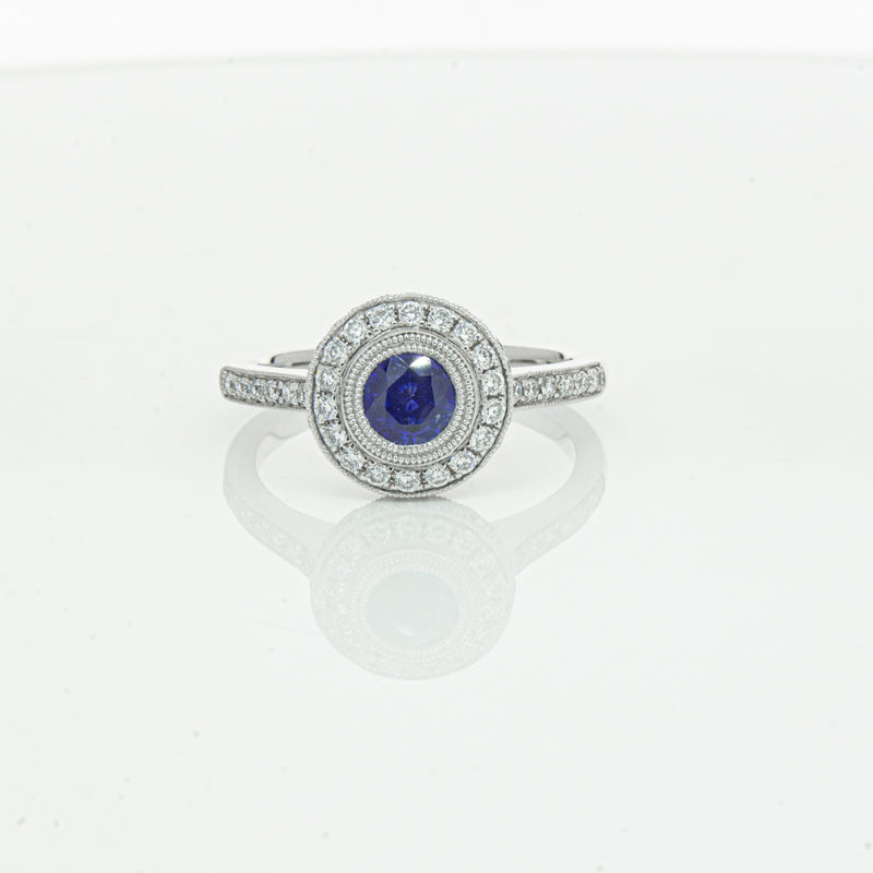 Platinum .65ct Sapphire & Diamond Halo Ring-Ring-Walker & Hall