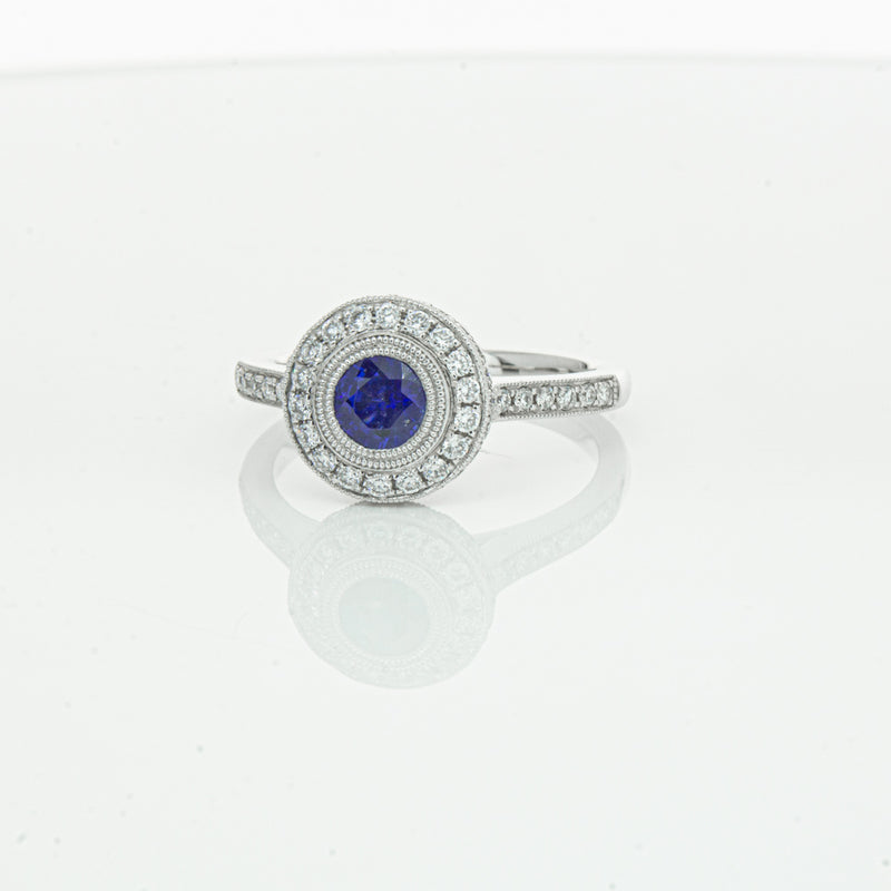 Platinum .65ct Sapphire & Diamond Halo Ring-Ring-Walker & Hall