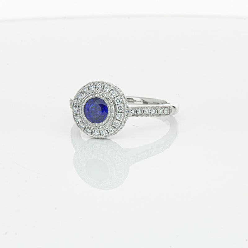 Platinum .65ct Sapphire & Diamond Halo Ring-Ring-Walker & Hall