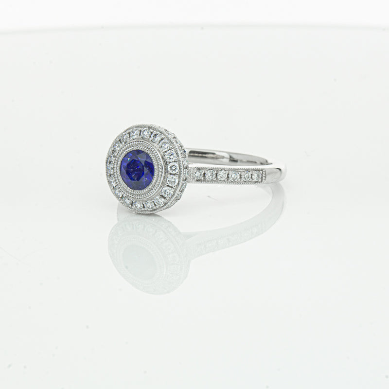 Platinum .65ct Sapphire & Diamond Halo Ring-Ring-Walker & Hall