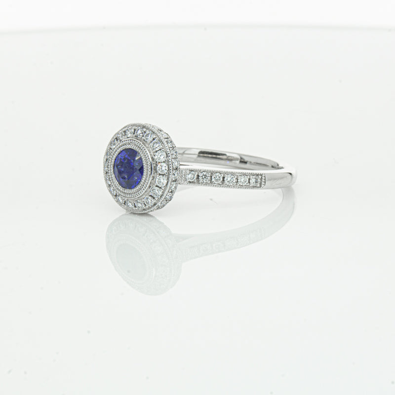 Platinum .65ct Sapphire & Diamond Halo Ring-Ring-Walker & Hall