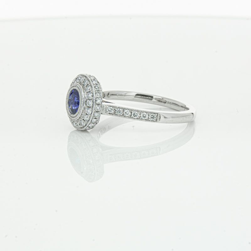 Platinum .65ct Sapphire & Diamond Halo Ring-Ring-Walker & Hall