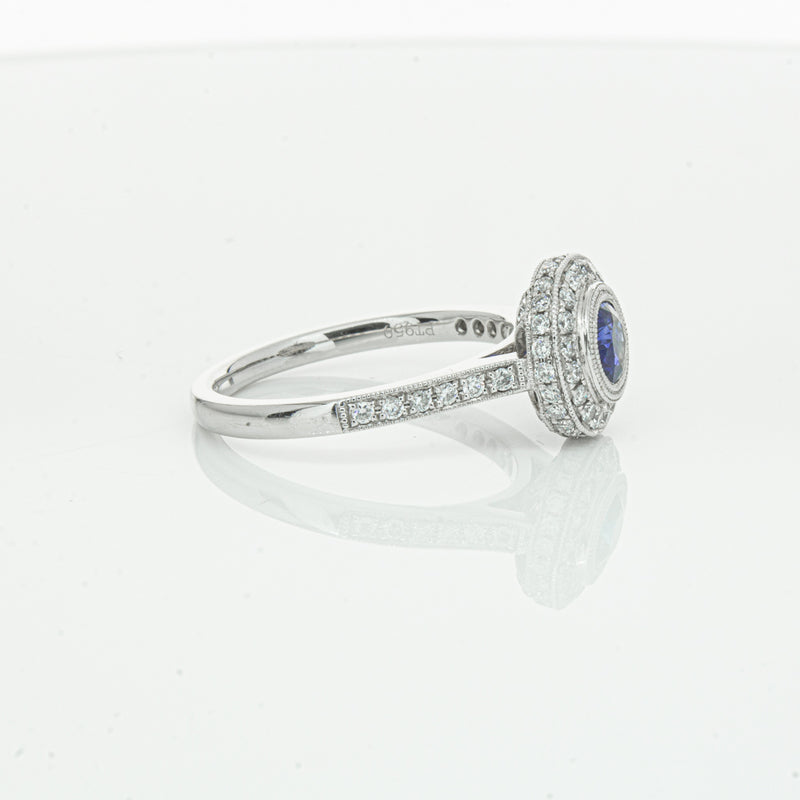 Platinum .65ct Sapphire & Diamond Halo Ring-Ring-Walker & Hall