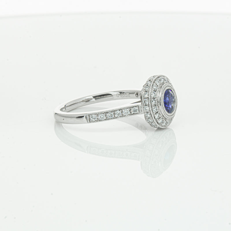Platinum .65ct Sapphire & Diamond Halo Ring-Ring-Walker & Hall