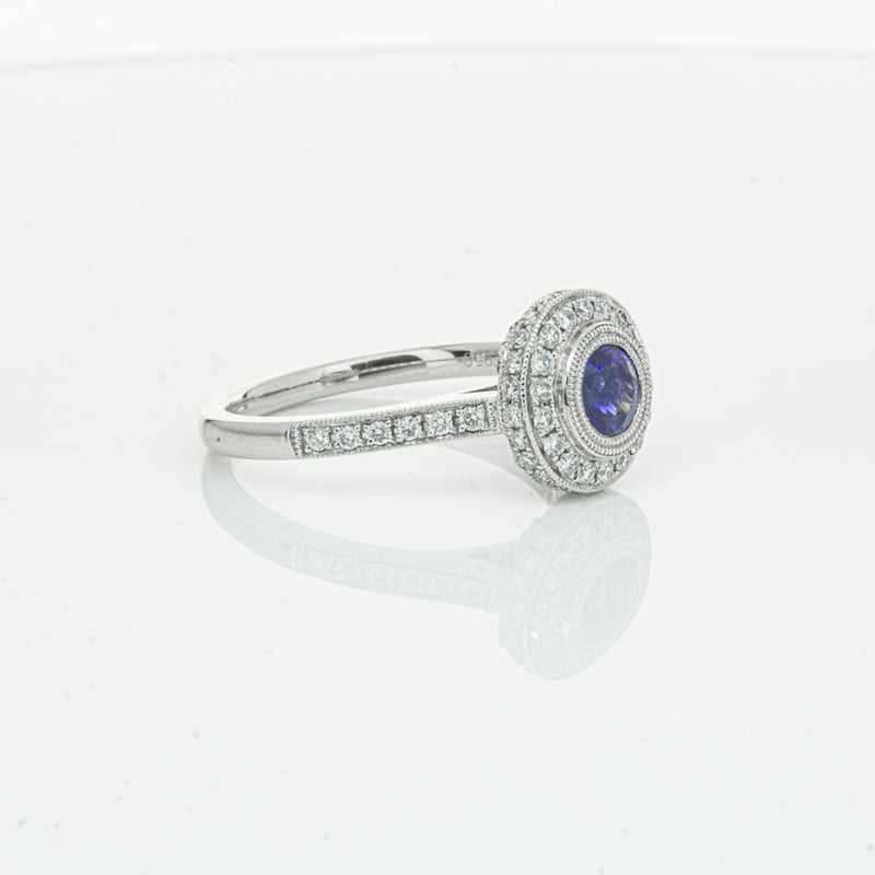 Platinum .65ct Sapphire & Diamond Halo Ring-Ring-Walker & Hall
