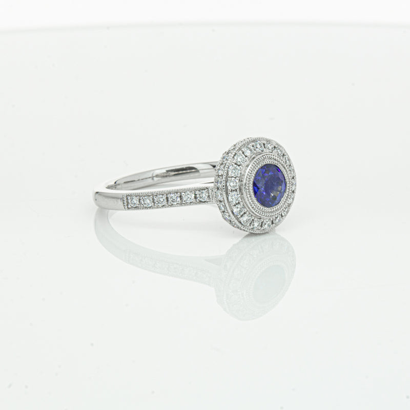 Platinum .65ct Sapphire & Diamond Halo Ring-Ring-Walker & Hall