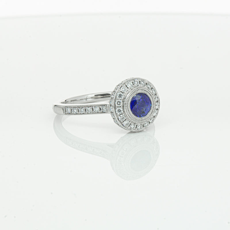 Platinum .65ct Sapphire & Diamond Halo Ring-Ring-Walker & Hall