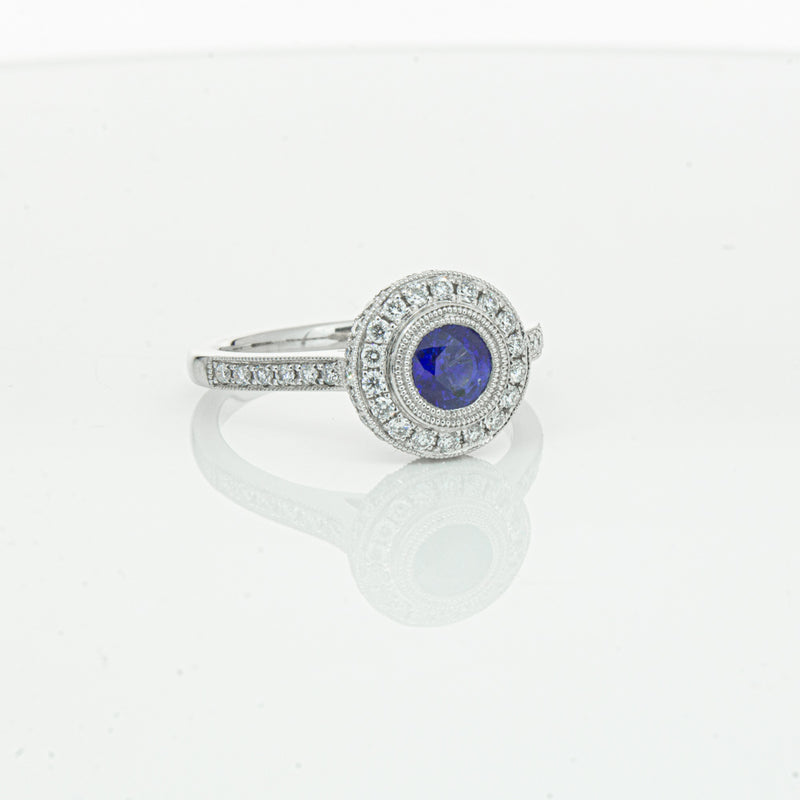 Platinum .65ct Sapphire & Diamond Halo Ring-Ring-Walker & Hall