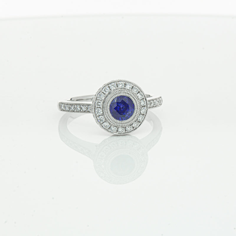 Platinum .65ct Sapphire & Diamond Halo Ring-Ring-Walker & Hall
