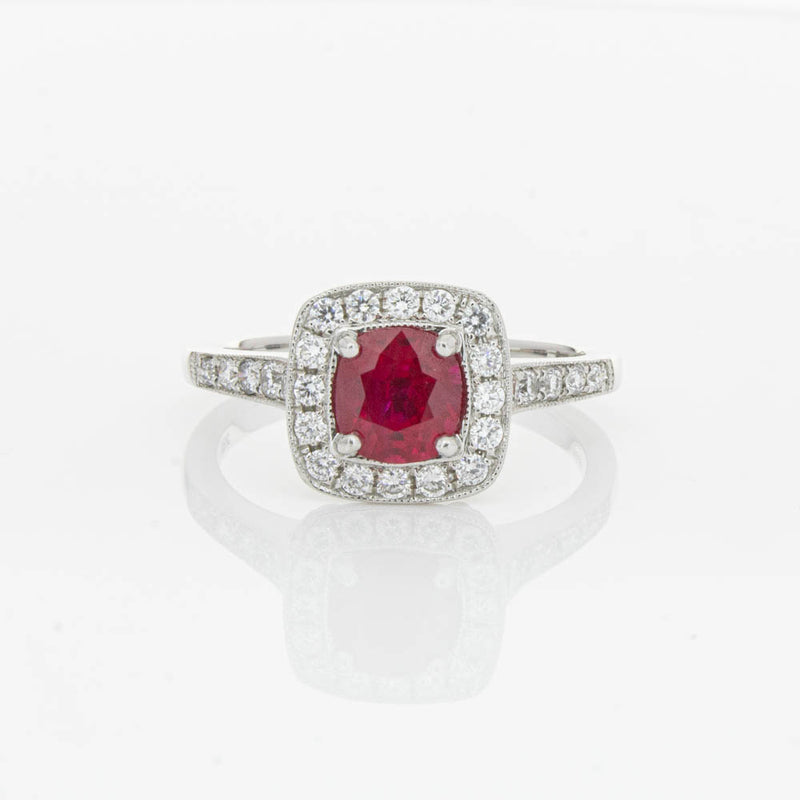 18ct White Gold Ruby And Diamond Halo Ring-Ring-Walker & Hall